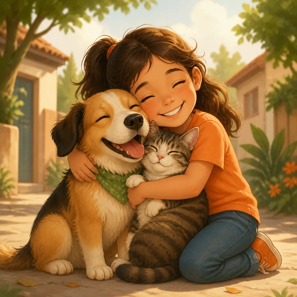 Ilustracao de reencontro com pessoa abracando um cachorro e um gato